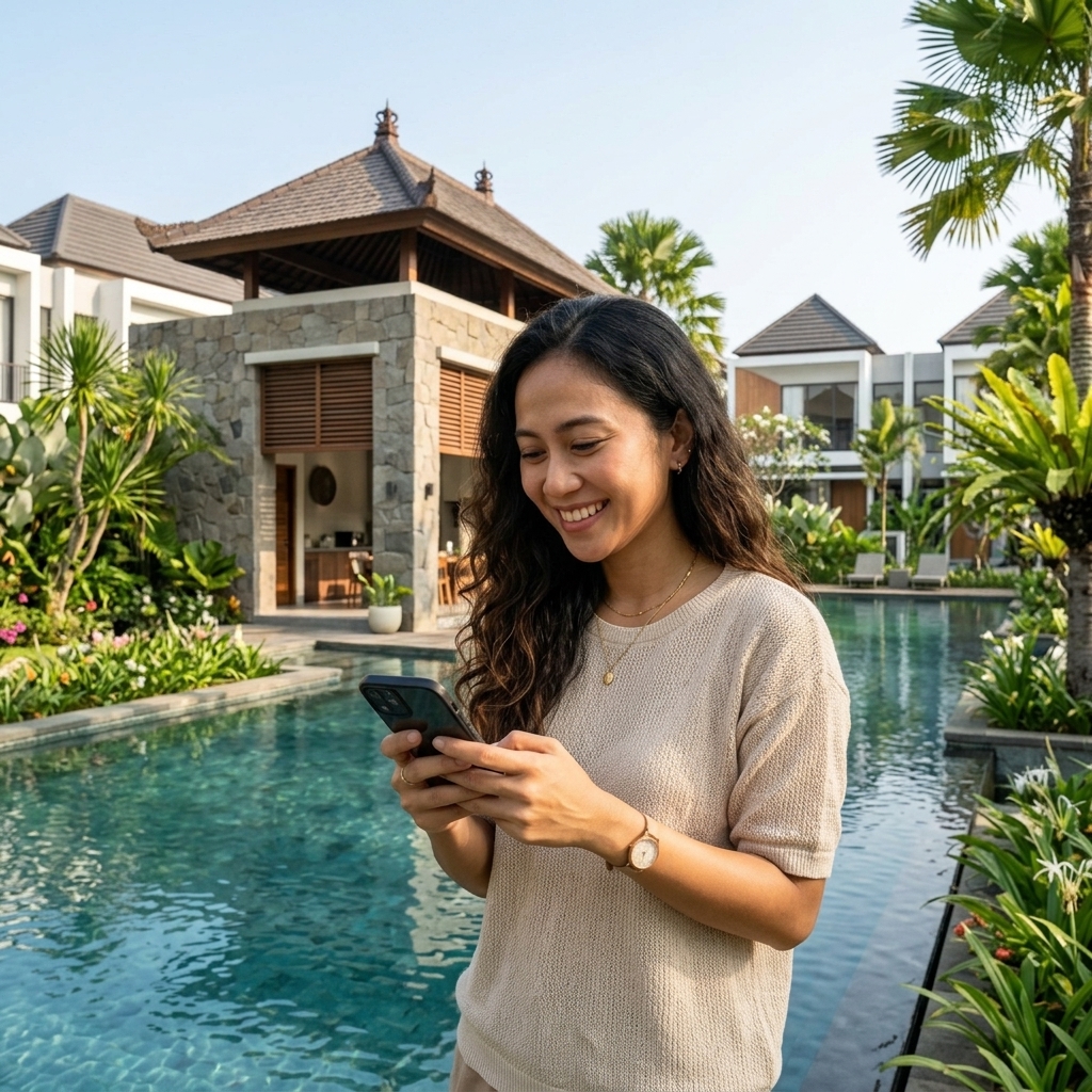Keluarga mengunjungi clubhouse fasilitas cluster perumahan