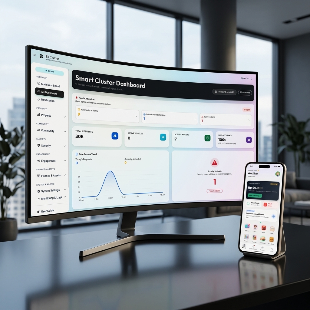 Dashboard aplikasi klaster BiiSmart Cluster untuk IPL, tamu, laporan warga, dan patroli