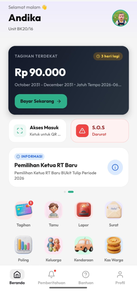 Tampilan aplikasi mobile warga BiiSmart Cluster